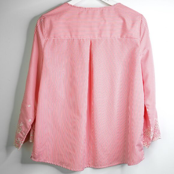 RAFAELLA Pink White Striped V Neck Embroidered 3/4 Sleeves Pull On Top -Size Med - Picture 4 of 11
